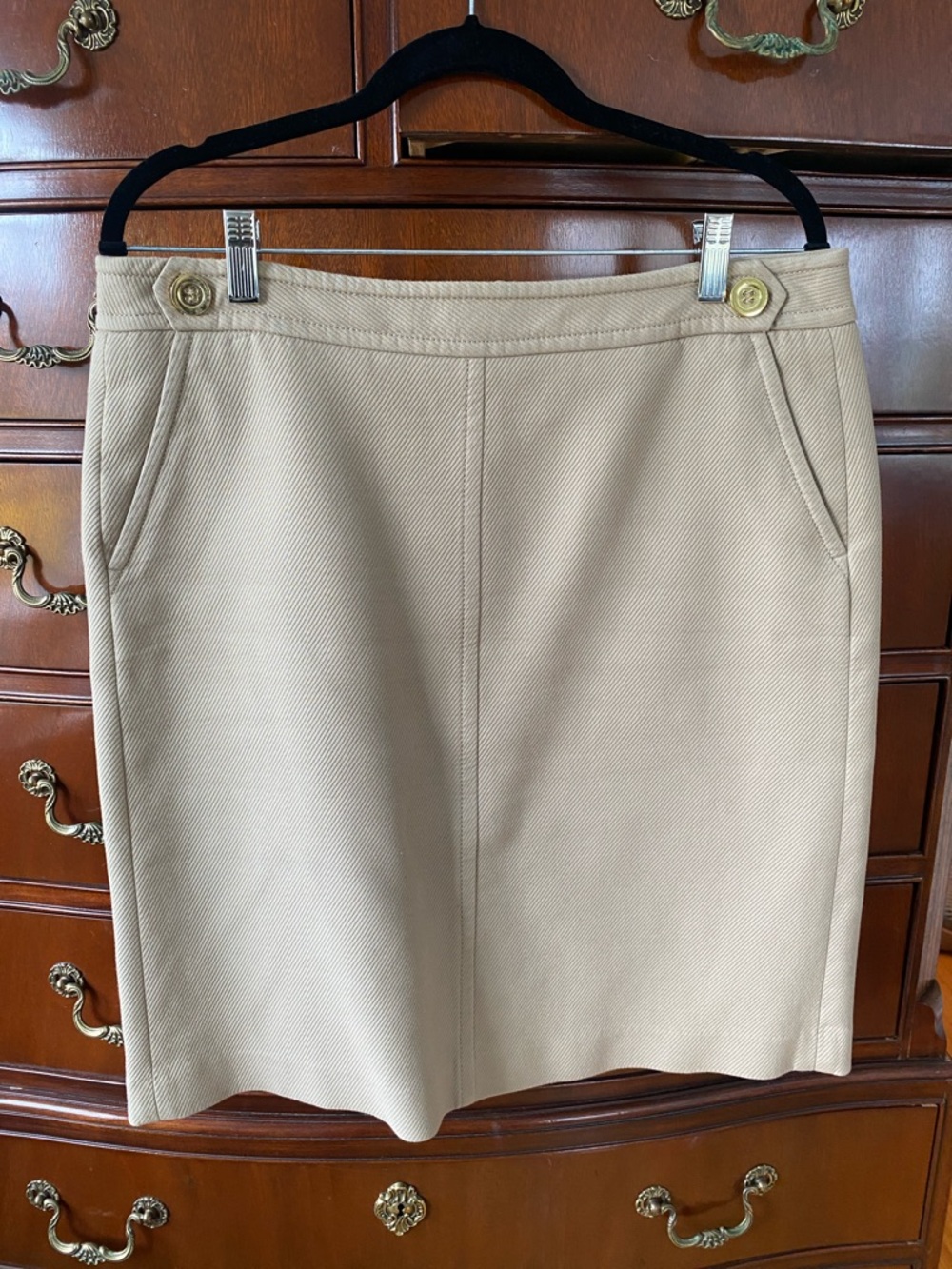 Talbots Beige 100% Cotton Classic Pencil Skirt with Button-Waist Detail